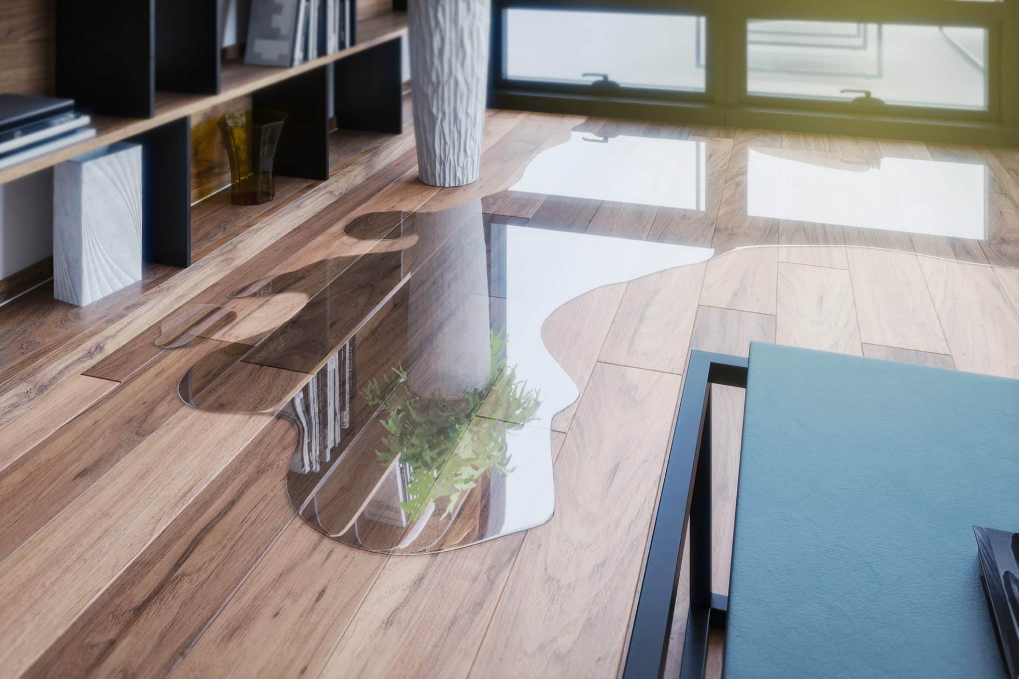 A water leak spreading across the wood floor of a home.